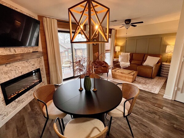 Smart TV, fireplace, books