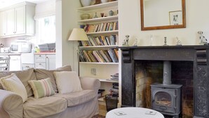 Ein gemütliches Wohnzimmer mit einer Couch, einem Kamin, einer Bücherwand und einer Küchenzeile.