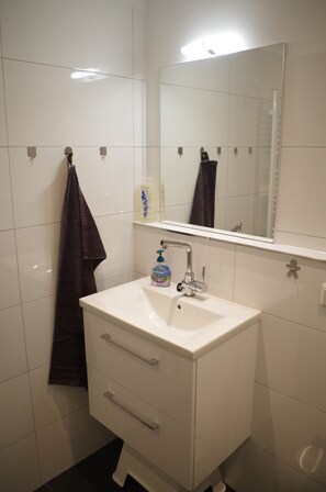 Hair dryer, towels, soap, toilet paper