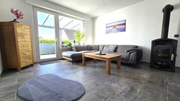 Älytelevisio, takka, kirjoja, stereot