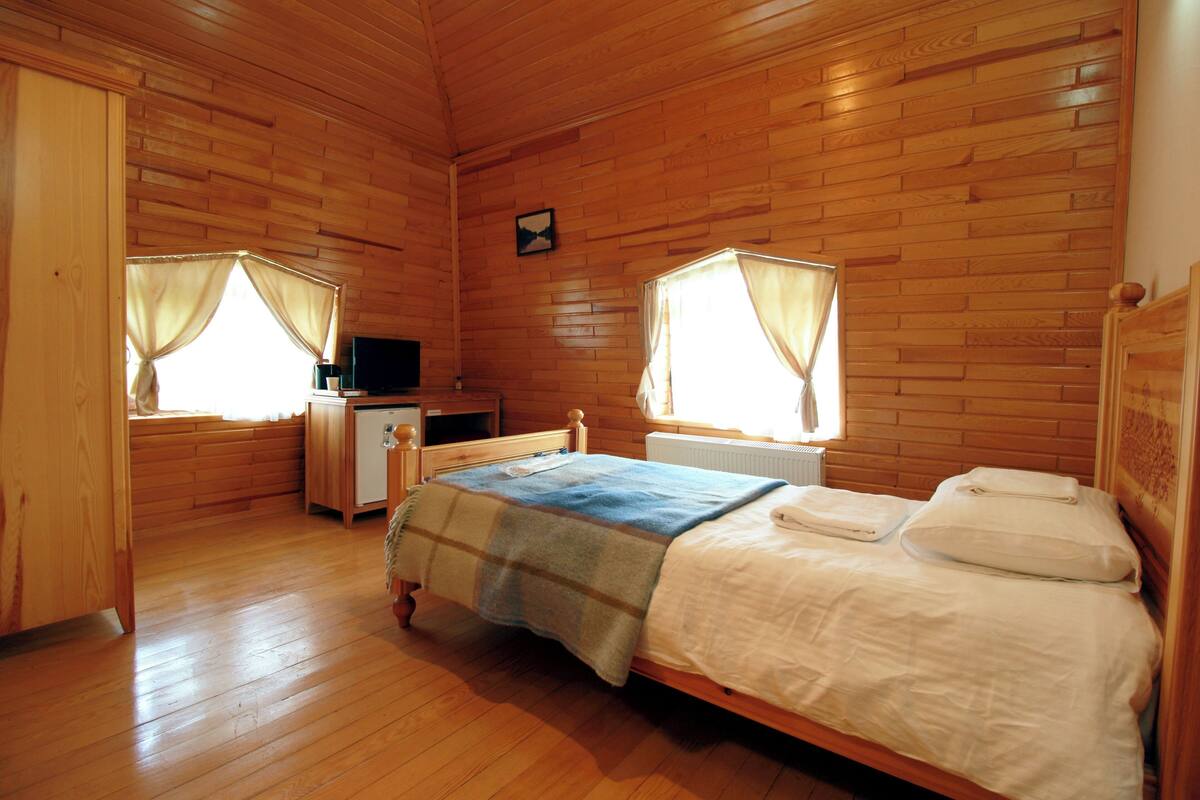 A wooden cabin bedroom with a bed, a desk, and a small kitchenette.