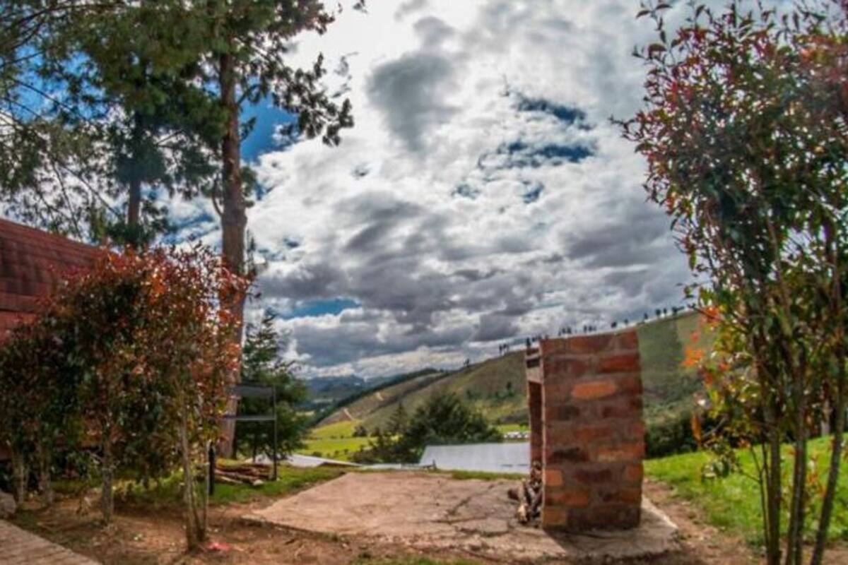 Una cabaña pequeña y rústica con una puerta y una ventana, rodeada de follaje bajo un cielo nublado.