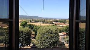Vista desde una ventana sobre un paisaje rural con campos, árboles y colinas al distante.