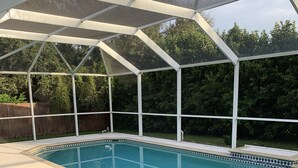 A covered swimming pool with a clear view of the surrounding greenery and a single blue chair. - Quiet, Cozy, Bungalow with a Pool. Near Venice Beach and Warm Mineral Springs (North Port)