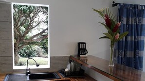 Uma cozinha com armários de madeira, uma cafeteira preta e uma janela com vista para o verde.