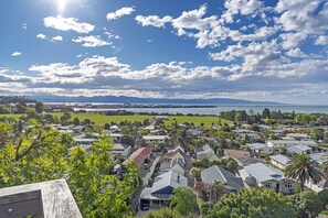 A residential area with houses, a park, and a body of water in the background. - The Lookout - Sweeping Tasman Bay Views, Walk to CBD & Trails (The Wood)