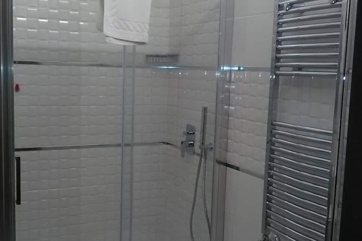 Shower, rainfall showerhead, towels