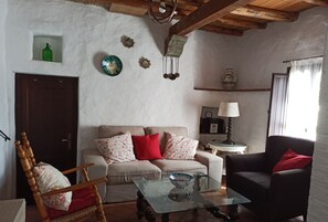 TV, fireplace, books, stereo