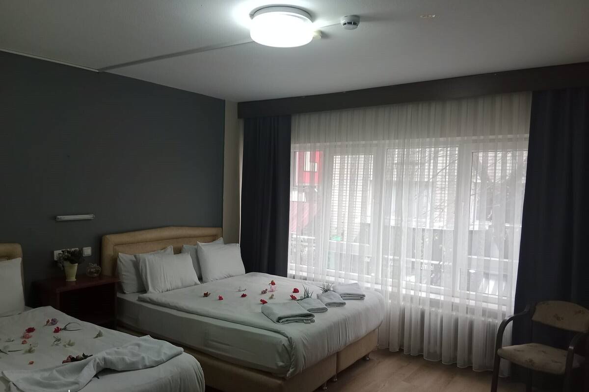 A hotel room with two beds, a large window with sheer curtains, a ceiling light, and a chair.
