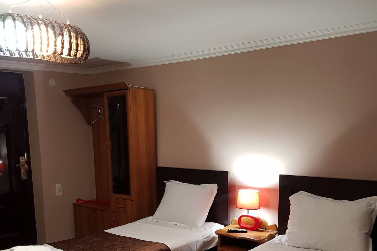 A hotel room with two beds, a wooden wardrobe, a mirror, and a bedside table with a lamp.
