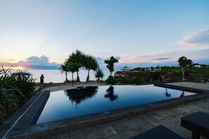Outdoor pool, pool umbrellas, pool loungers