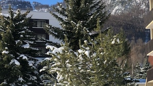 A snow-covered landscape with a prominent evergreen tree and a building with a modern design.