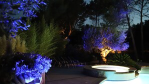 A pool area with a hot tub and lounge chairs, surrounded by trees and plants. - Independent cottage Val D'amour (Nages-et-Solorgues)