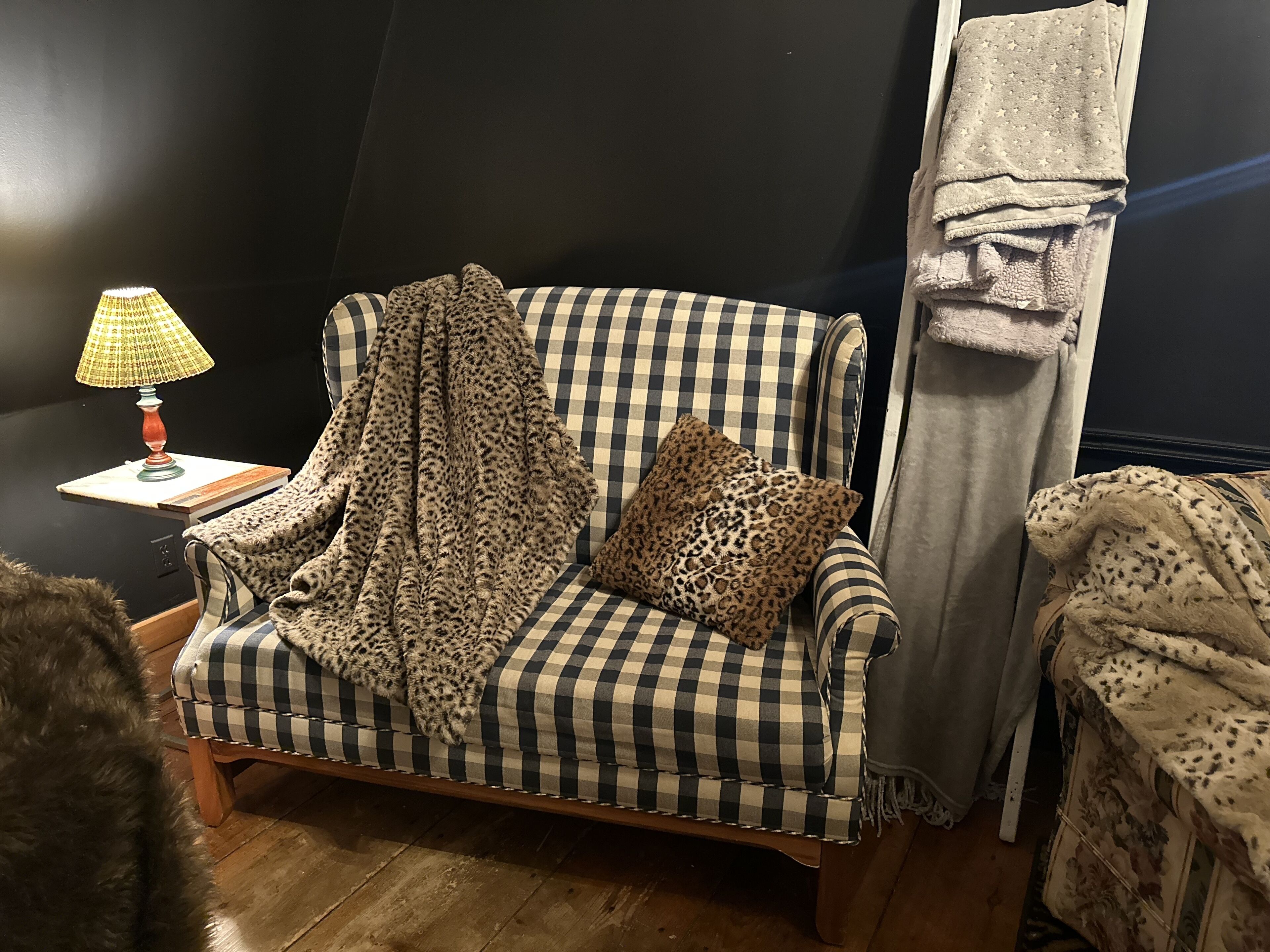 Een gestreepte bank met luipaardprint plaids en kussens, een tafeltje met een lamp, en een gordijn.