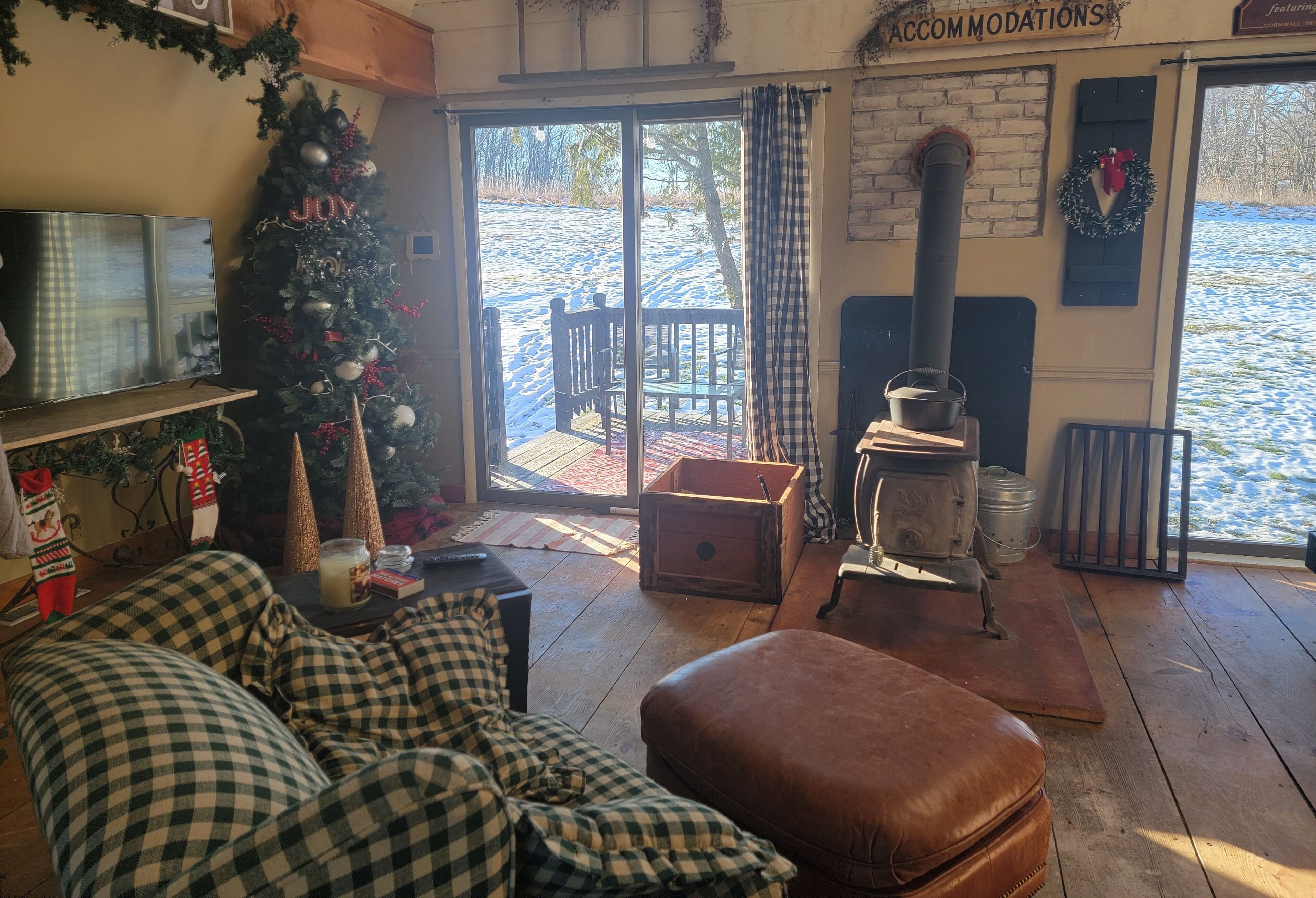 A cozy living room with a checkered sofa, a Christmas tree, and a fireplace.
