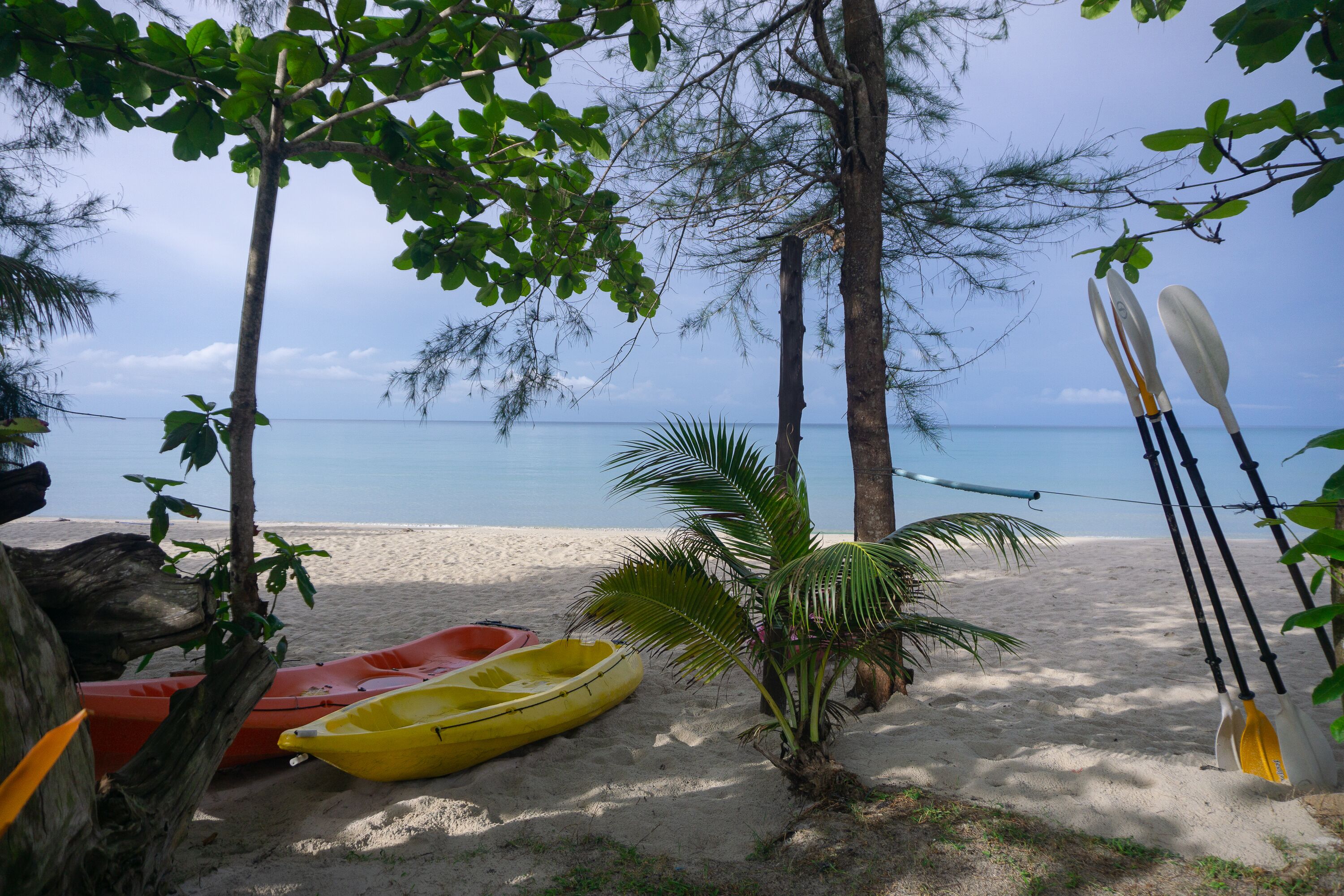 A beach with kayaks and a fishing rod.