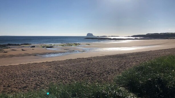 Een strand met heldere lucht en rustig water.