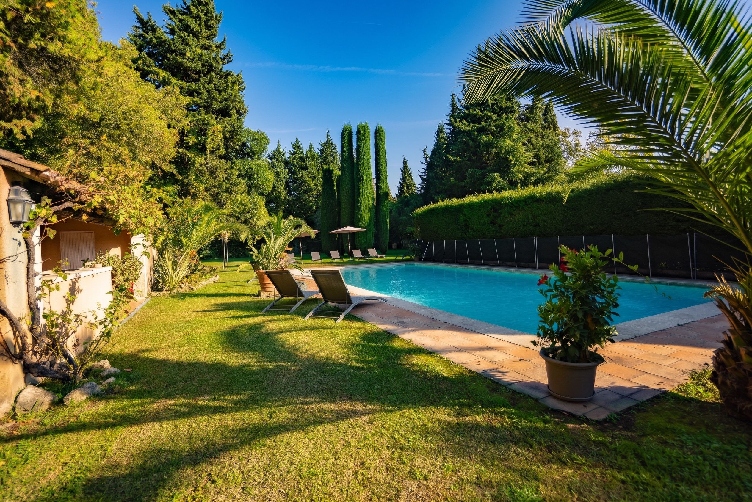 Une piscine entourée de chaises longues, avec une pelouse et des arbres bien entretenus.