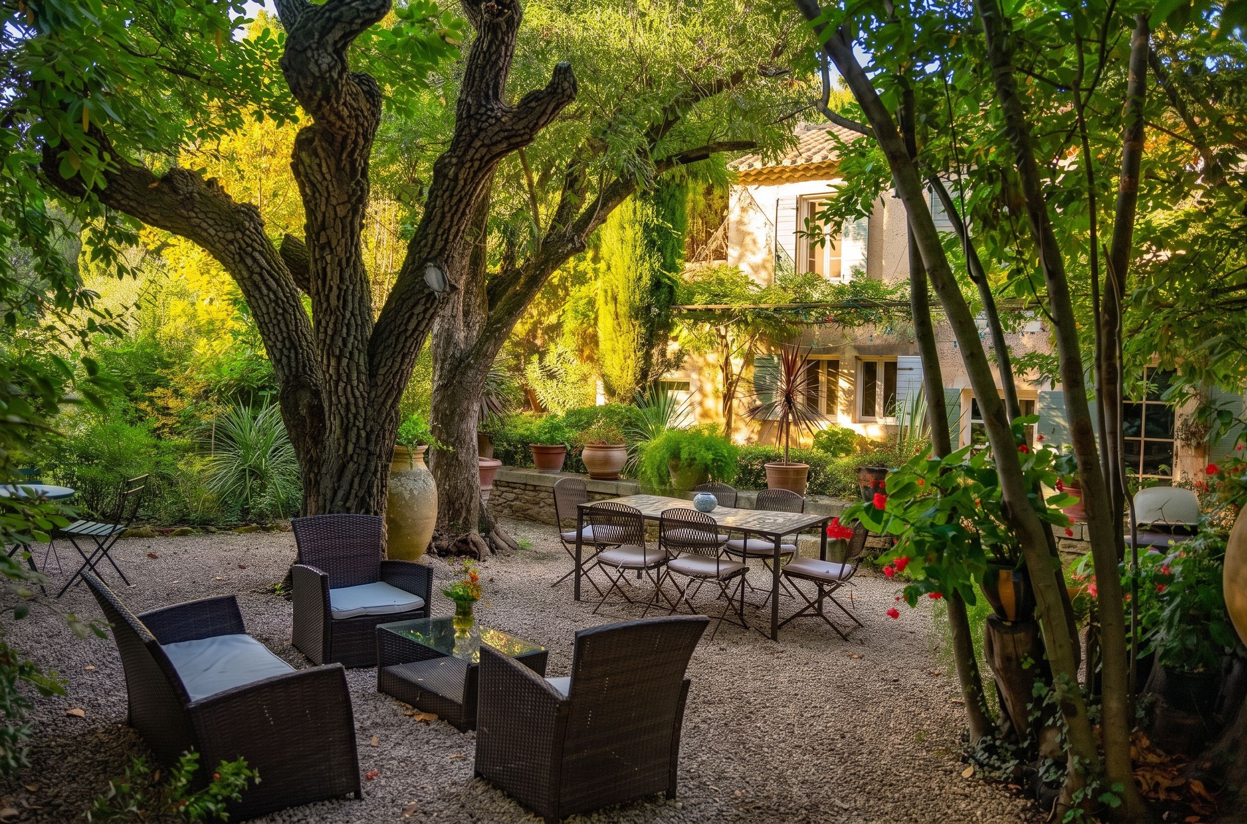 An outdoor seating area with wicker furniture, surrounded by trees and potted plants.