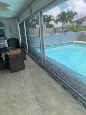 Outdoor pool, a heated pool, pool loungers