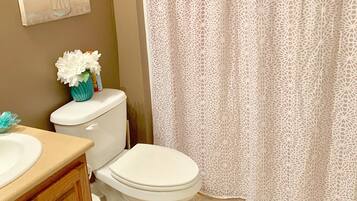 Combined shower/bathtub, hair dryer, towels, soap