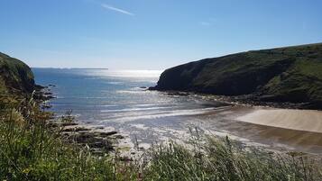 A coastal landscape with a sandy beach, rocky cliffs, and grassy areas.