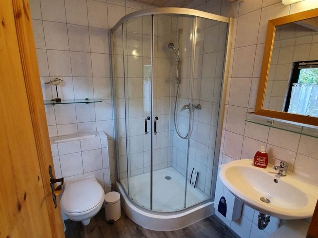 Une salle de bain avec une douche à parois de verre, des toilettes blanches, un lavabo et un miroir.