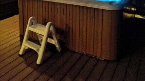 Een hottub met een houten terras en een ladder, omringd door bomen.