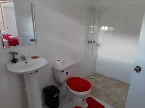 Een douche, een regendouche, handdoeken, zeep