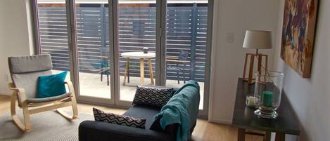 Smart TV, chimenea, libros y estéreo