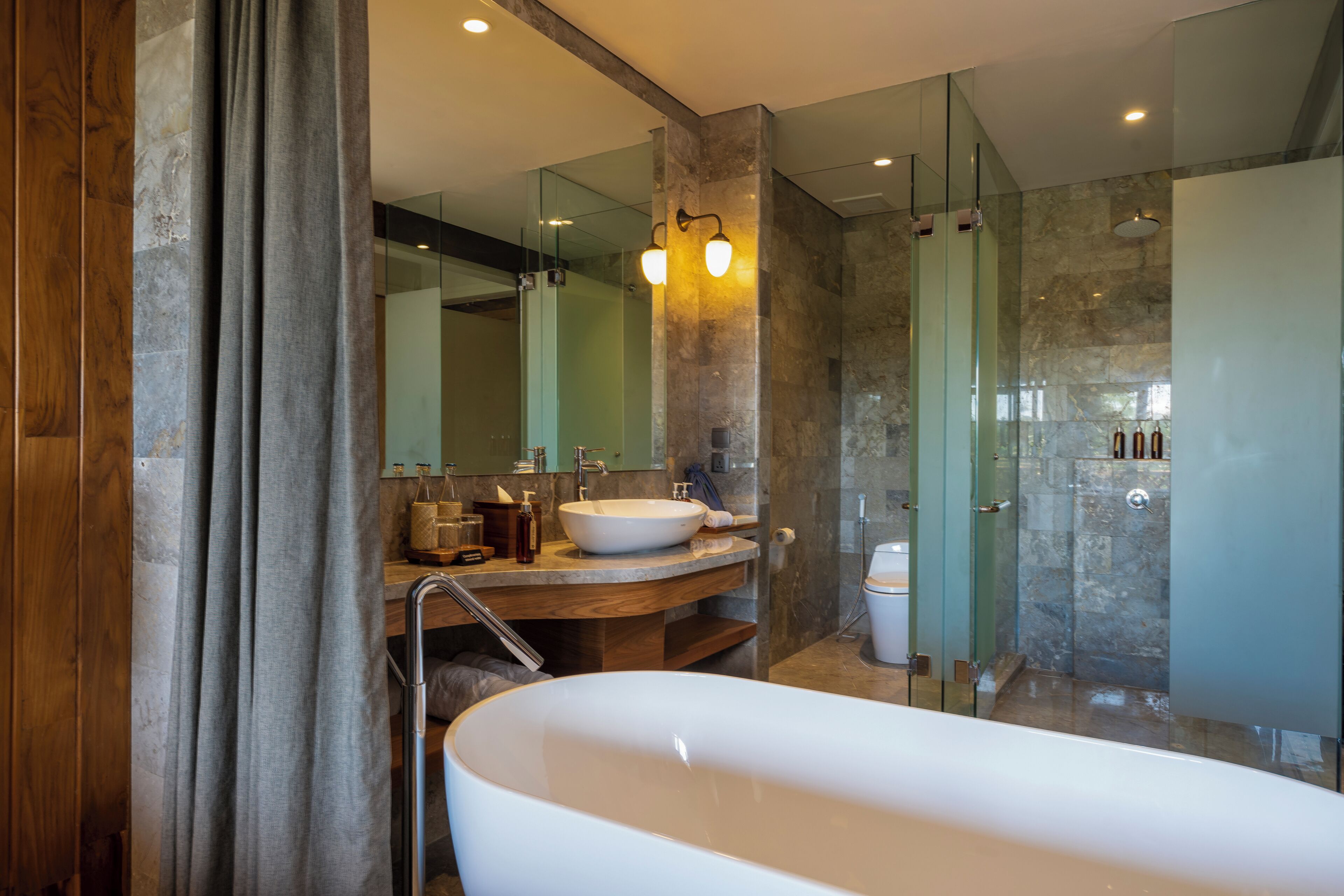 free toiletries, hair dryer, bathrobes, slippers