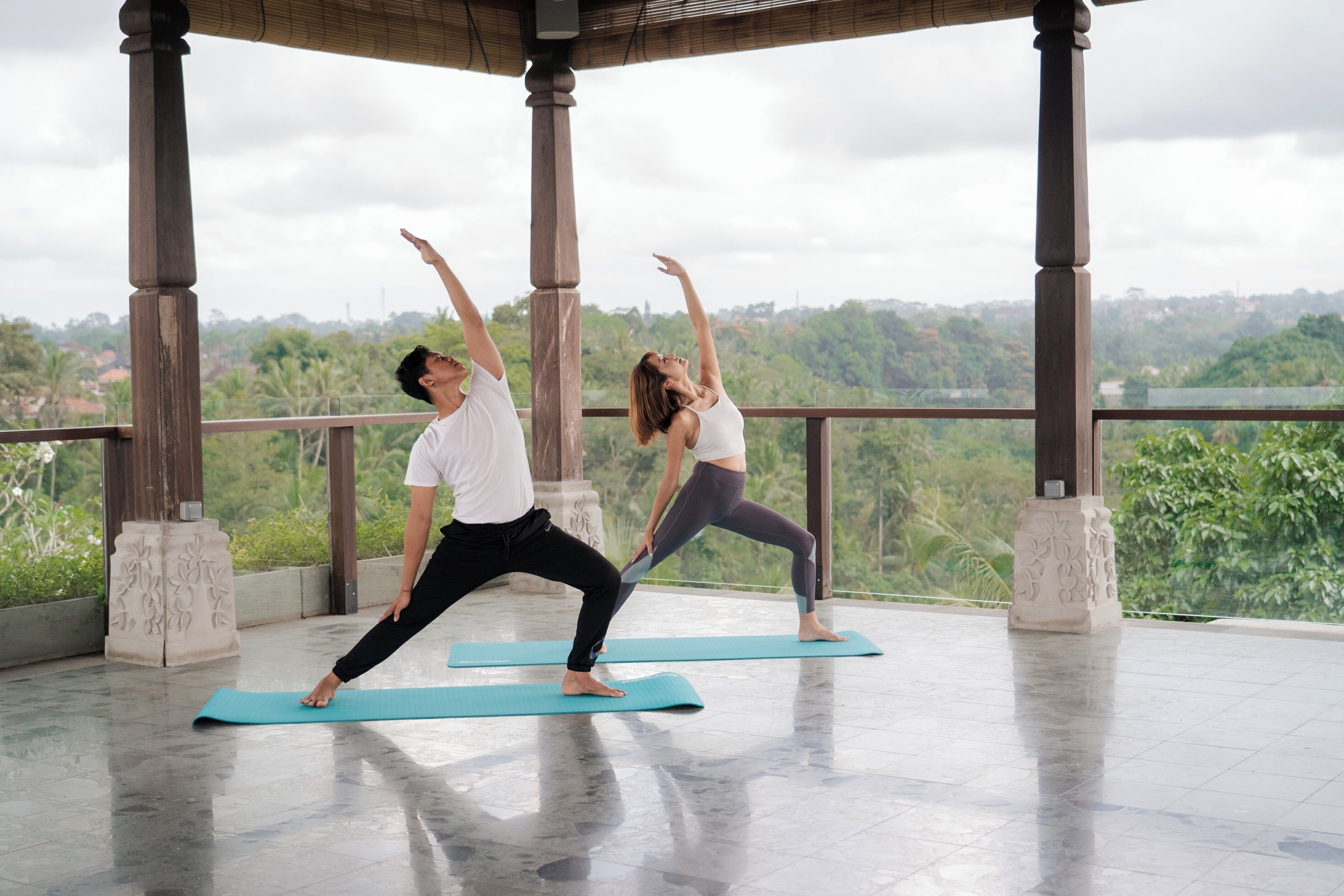 Two people performing yoga on mats in an open pavilion with a view of a lush landscape.