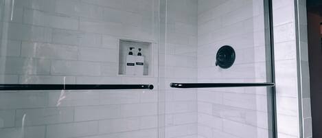 Hair dryer, towels, soap, shampoo