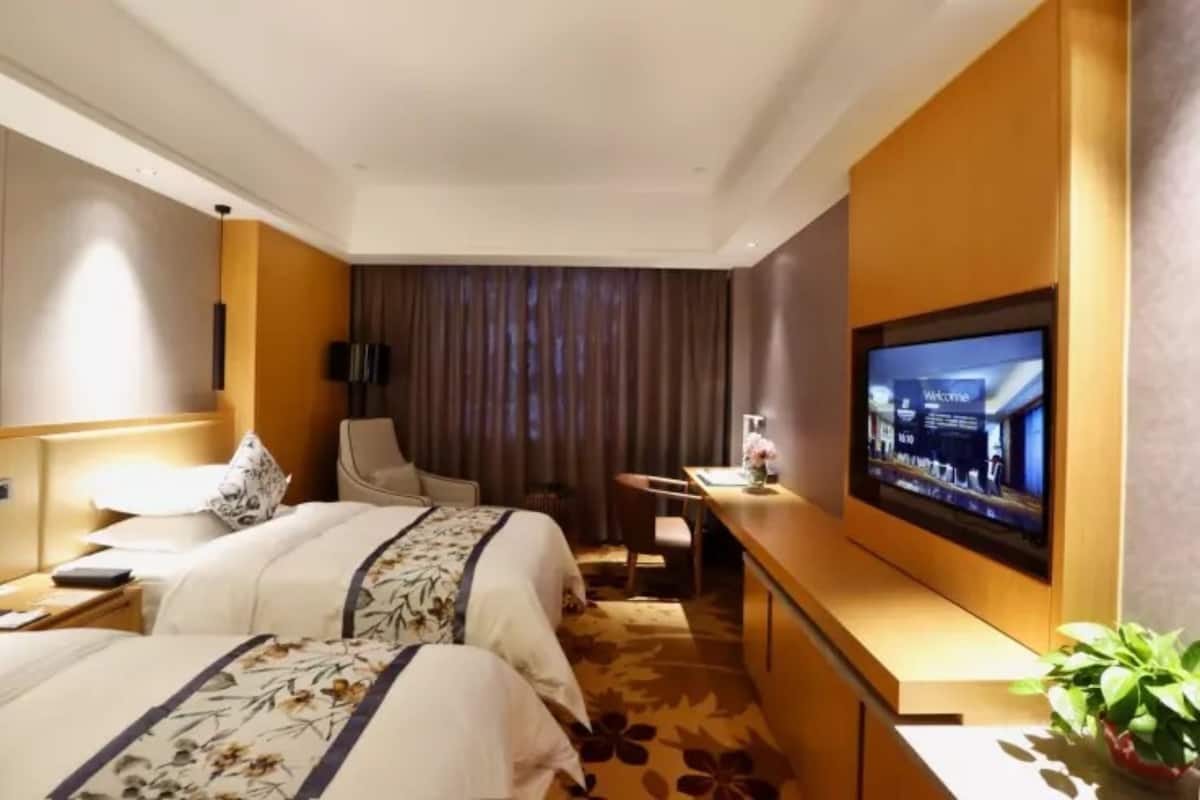 Ett hotellrum med två sängar, ett skrivbord, en stol, en tv och en växt.