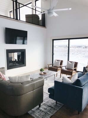 Smart TV, fireplace, toys, books