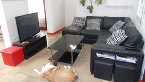 Un salon avec un canapé en cuir noir, une table basse en verre, un pouf rouge et un téléviseur posé sur un meuble.