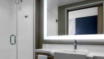 A modern bathroom with a glass shower enclosure, a double sink vanity, and a large mirror above the vanity.
