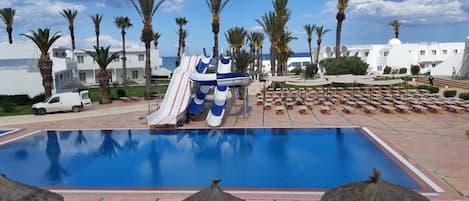 Indoor pool, outdoor pool, open 7:00 AM to 5:00 PM, pool umbrellas