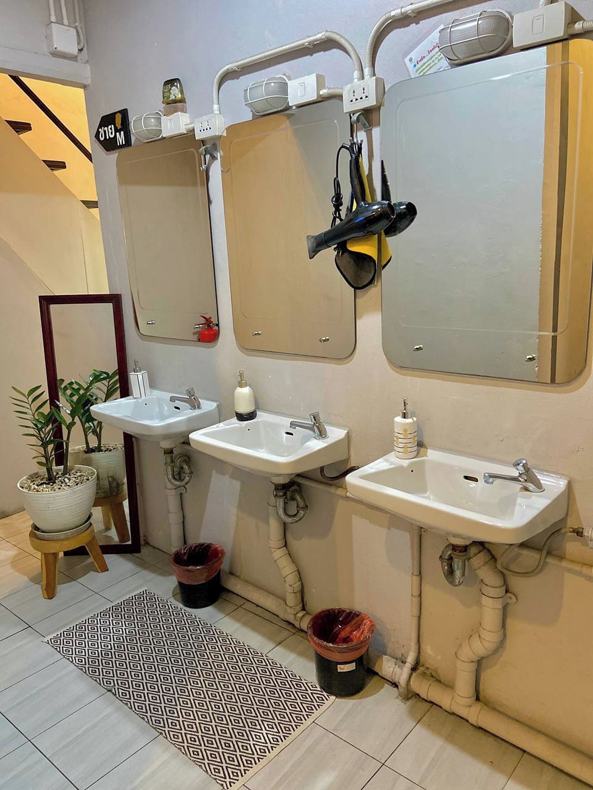 A bathroom with three sinks, a mirror, and a shower area. There are potted plants and a patterned rug on the floor.