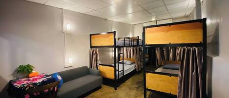 Habitación tipo dormitorio con literas, un sofá, una mesita con una planta y una ventana con cortinas.
