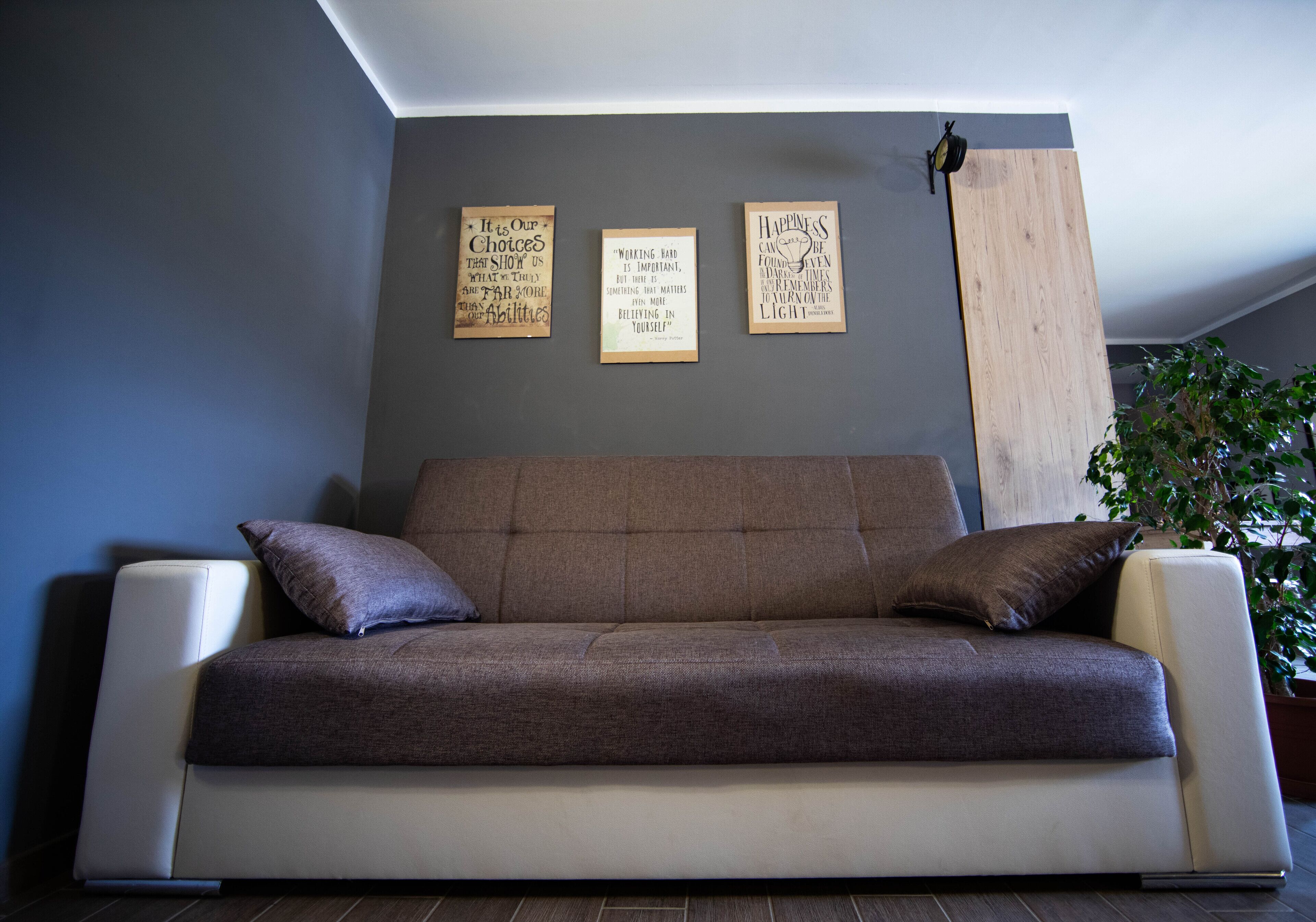 Een moderne woonkamer met een grijze bank, twee kussens en drie motiverende posters aan de muur.