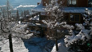 Un chalet en bois, doté d’un toit à forte pente, entouré d’arbres couverts de neige et avec des montagnes en toile de fond.