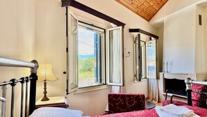A bedroom with a bed, a window with curtains, a mirror, a fireplace, and a TV.