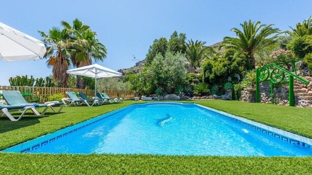 A rectangular swimming pool with a clear blue water surface, surrounded by a well-maintained lawn and various tropical plants. - Finca Salrima Álora by Ruralidays (Málaga)