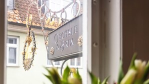 A sign with the name 'Orchse & Brix' hanging from a metal structure. - homie hotel oechsle & brix (Sommerhausen)