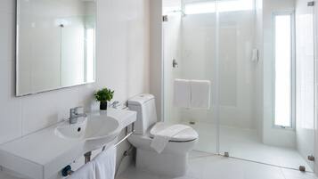 Shower, slippers, bidet, towels