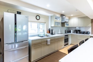 Fridge, microwave, stovetop, electric kettle