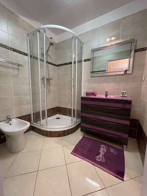 Dusche, Haartrockner, Bidet, HandtĂŒcher