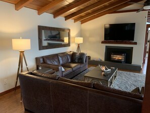 Smart TV, fireplace, books, printers