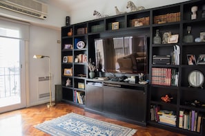 Ein Wohnzimmer mit einem großen, schwarzen Bücherregal, gefüllt mit Büchern und Dekoration, einem Flachbildfernseher und einem gemusterten Teppich auf Holzboden.